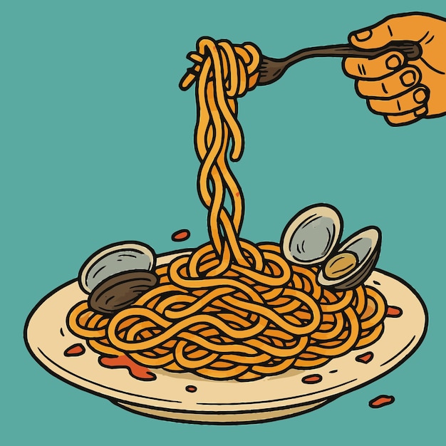 Sirviendo pasta con almejas Ilustración con la mano y el tenedor