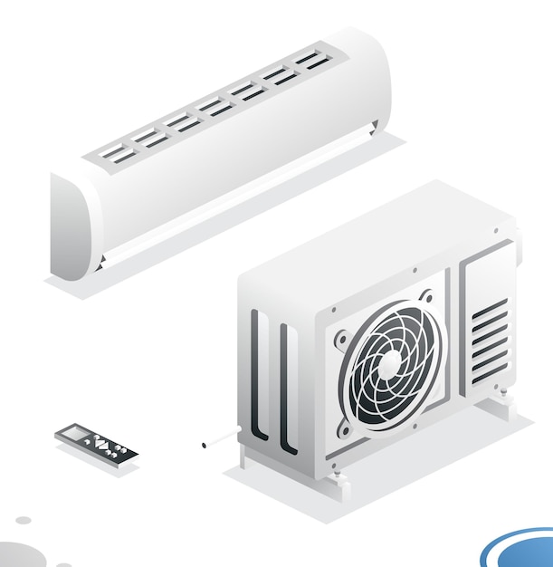 Sistema de aire acondicionado Unidad al aire libre de concepto isométrico con controlador interior y remoto Equipamiento doméstico para refrigeración Limpieza y calefacción Ventilación de aire