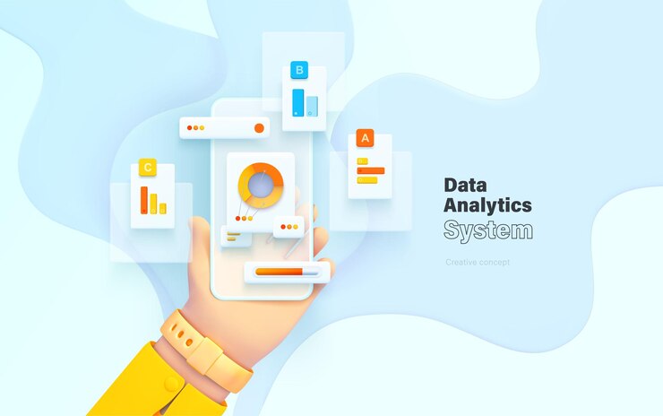 Sistema de análisis de datos La mano sostiene el teléfono.