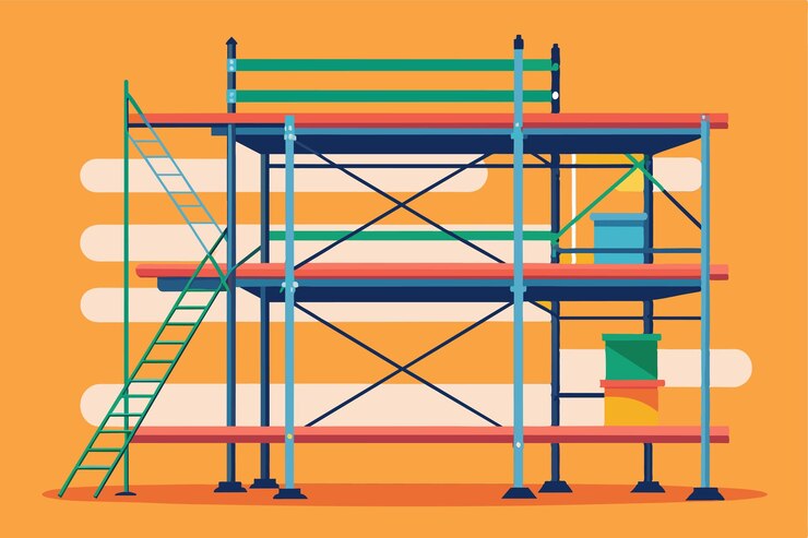 Vector un sistema de andamios planos personalizables muestra colores vibrantes y una escalera accesible para uso en la construcción