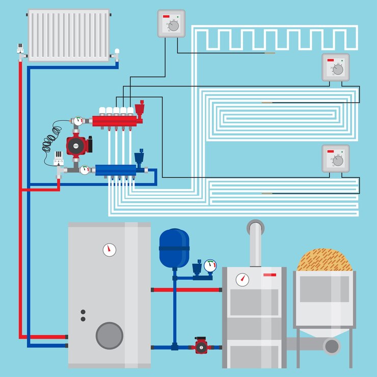Vector sistema de calefacción de bajo consumo con termostatos