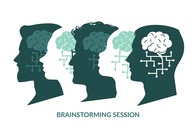 Sistema cerebral concepto de sesión de lluvia de ideas siluetas de cabezas humanas de cibercerebro los perfiles masculinos y femeninos miran en la misma dirección pensamiento colectivo las personas se unen para resolver problemas trabajo en equipo vectorial