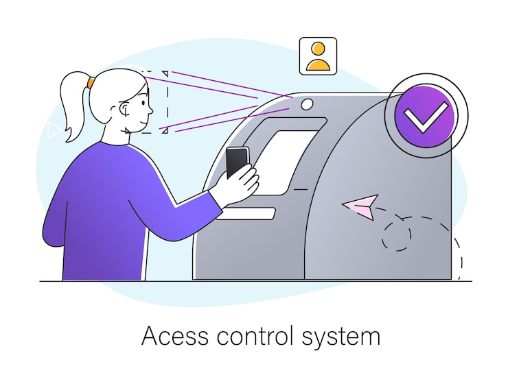 Vector el sistema de control de acceso atm comprueba los datos biométricos del cliente y le proporciona acceso.