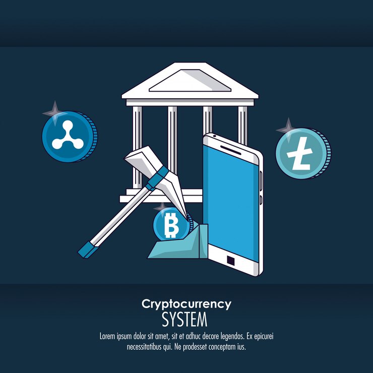 Vector sistema de criptomoneda y banner de mercado