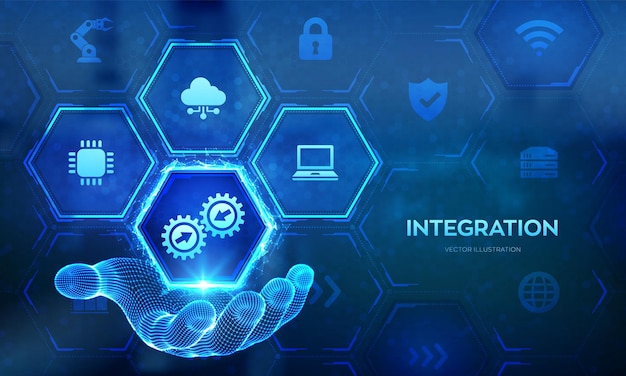 Sistema de datos de integración concepto de tecnología de integración de sistemas en mano de estructura alámbrica tecnología industrial e inteligente soluciones de automatización y negocios ilustración vectorial