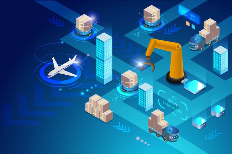 Vector sistema de distribución de logística inteligente con entrega de cajas de envío robótica e inalámbrica automatizada