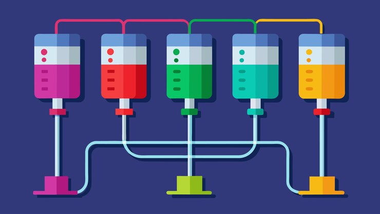 Vector un sistema de dosificación codificado por colores con líneas de infusión y jeringas coordinadas por colores minimiza el