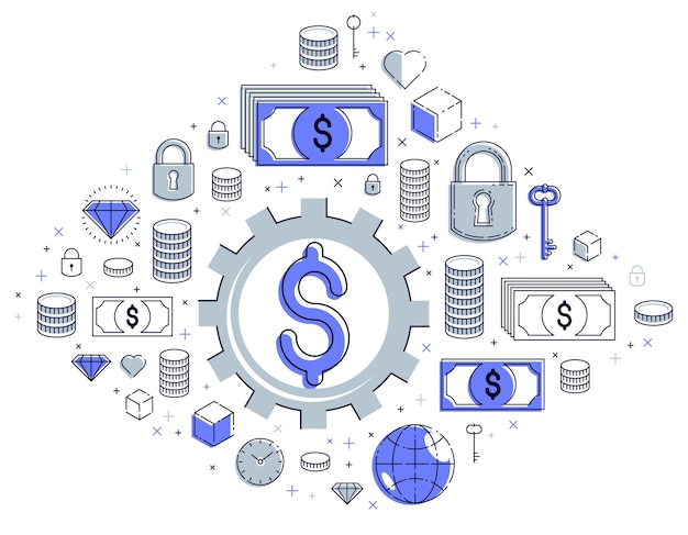 Sistema de economía y concepto de negocio, mecanismo de engranajes con signos de dólar y conjunto de iconos, diseño de alegoría de la actividad empresarial y financiera sistemática, ilustración vectorial.