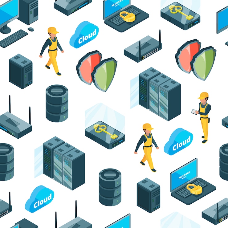Vector sistema electrónico de iconos de centro de datos patrón o ilustración