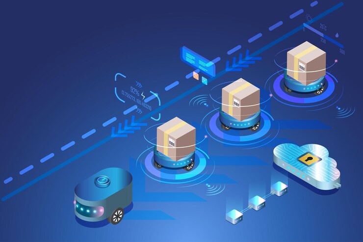 Vector sistema de entrega de logística inteligente con tecnología robótica e inalámbrica automatizada entrega de cajas de envío autónoma con computación en la nube tecnología futurista de transporte de innovación