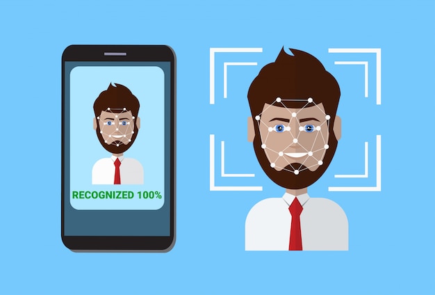 Vector sistema de escaneo biométrico de protección de control cara del usuario del escaneo del teléfono inteligente, concepto de tecnología de reconocimiento facial