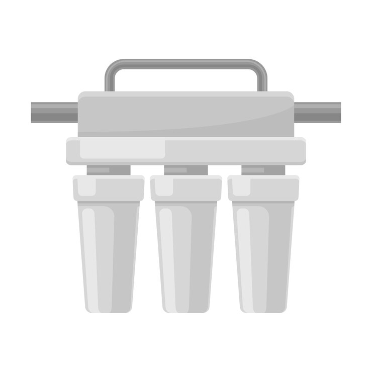Vector sistema de filtro de agua de ósmosis inversa moderna con mantenimiento establecido en la tubería imagen monocromática en colores grises ilustración vectorial plana aislada en fondo blanco