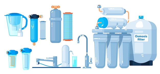 Vector sistema de filtro de agua con tanque para set de purificación de agua. suministro de acuario o cocina para procesamiento de pureza líquida