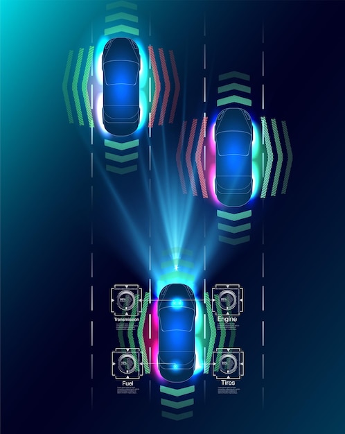 El sistema de frenado automático evita un accidente automovilístico debido a un accidente automovilístico Interfaz de usuario futurista. Interfaz de usuario de HUD. Interfaz de usuario táctil gráfica virtual abstracta. Coche Auto Service, HUD de diseño moderno, Vector