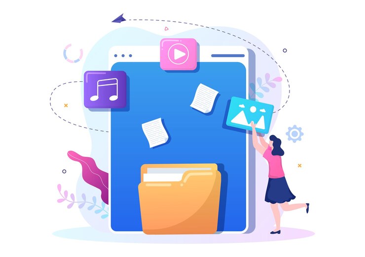 Vector sistema de gestión de archivos e ilustración vectorial de información con personas que tienen carpetas, archivos o servicios en línea para el almacenamiento y la organización de documentos