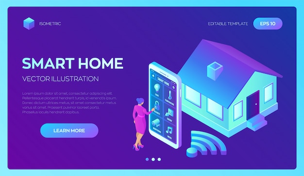 Vector sistema de hogar inteligente sistema de control remoto isométrico 3d de la casa. iot concepto.
