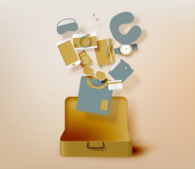 Vector sistema de la ilustración del vector del estilo del arte del papel de la lista del embalaje de los artículos del viaje