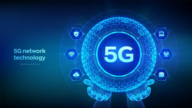 Sistema inalámbrico de red 5G, Internet de las cosas, concepto tecnológico, esfera con patrón de cuadrícula hexagonal.