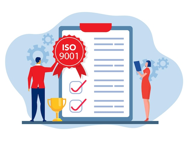 Sistema iso 9001 y concepto de certificación internacional equipo análisis comercial con estándar aprobado