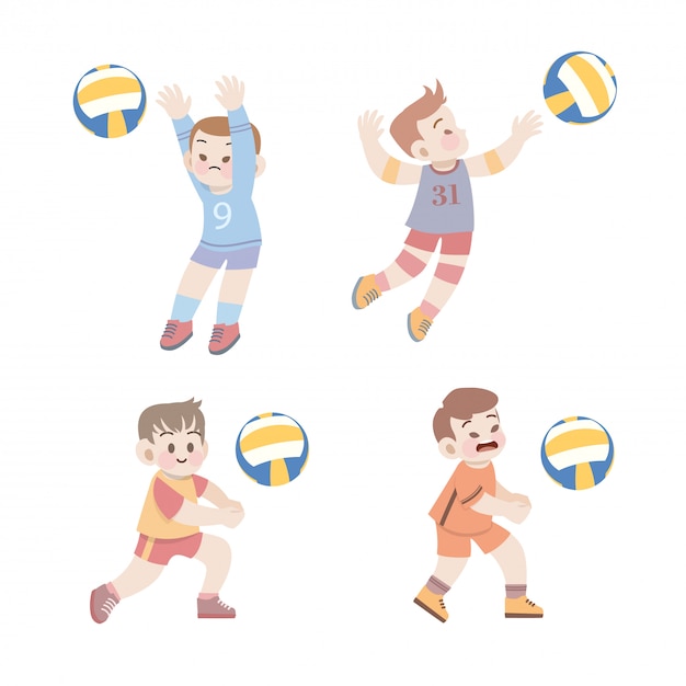 Vector sistema lindo de la ilustración del voleibol del deporte de los niños