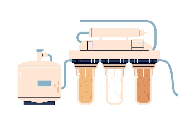 Sistema moderno de filtración de agua para el hogar con un gran tanque y múltiples filtros