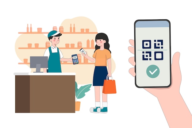 Sistema de pago sin efectivo mujer utiliza un sistema de pago sin dinero en efectivo móvil o escanea el código qr Caracteres utilizando la ilustración vectorial del servicio bancario digital