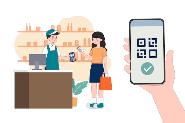 Vector sistema de pago sin efectivo mujer utiliza un sistema de pago sin dinero en efectivo móvil o escanea el código qr caracteres utilizando la ilustración vectorial del servicio bancario digital