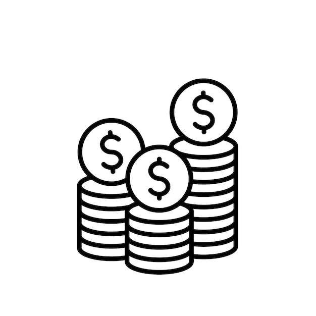 Sistema de pago de icono de vector de línea negra de pila de monedas de dólar aislado sobre fondo blanco ilustración simple de dinero de pago