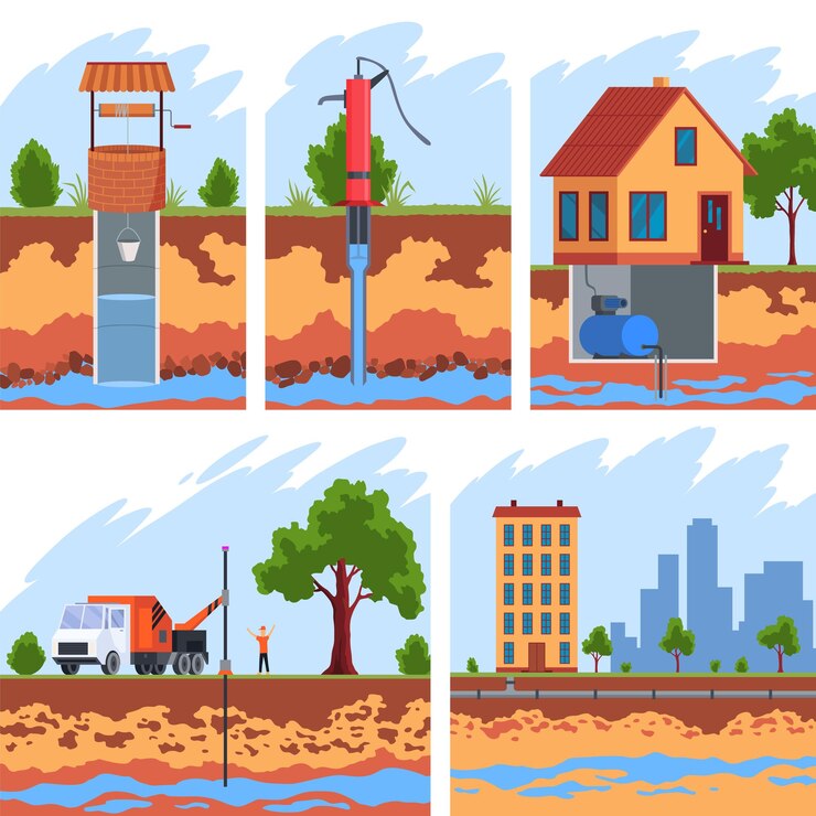 Vector sistema de pozos de abastecimiento de agua conjunto de estructura del suelo y el agua subterránea que suministra agua a la casa