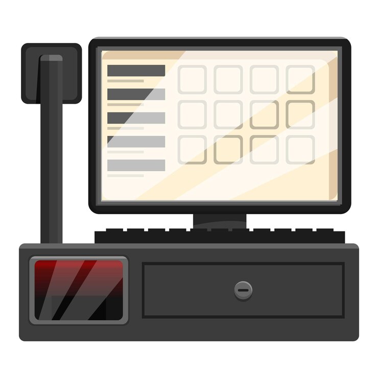 Vector sistema de punto de venta que muestra una pantalla en blanco con botones en blanco
