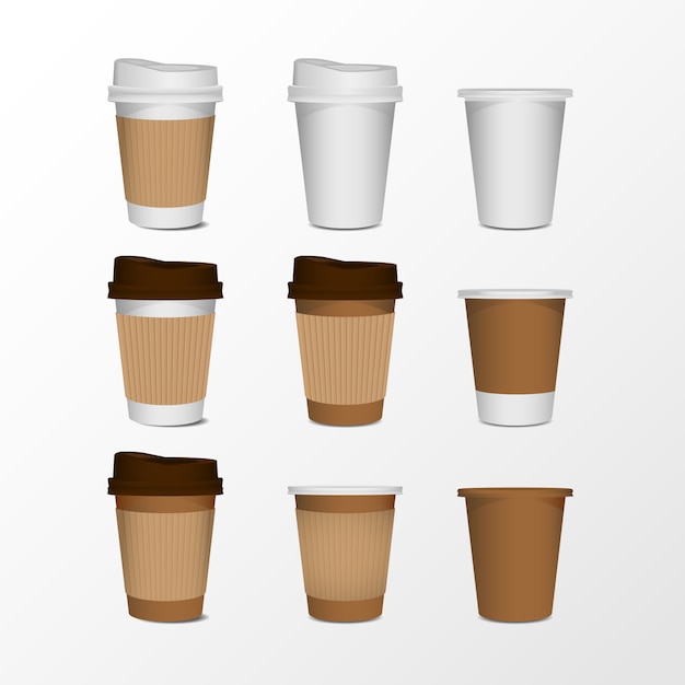 Vector sistema realista de la taza de café del papel en blanco aislado en el fondo blanco.