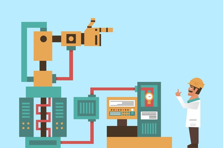 Vector sistema robótico tecnología avanzada gráficos de información ingeniero profesor en el trabajo el proceso de producción cables electrónicos de computadora tentáculos de brazo de robot ilustración vectorial