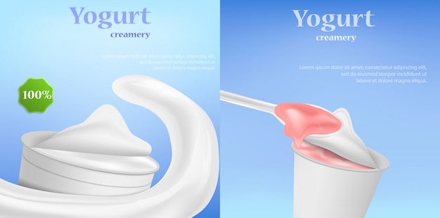 Vector sistema sabroso del concepto de la bandera de la caja del yogur ilustración realista de 2 conceptos horizontales de yogur caja vector banner sabroso para web