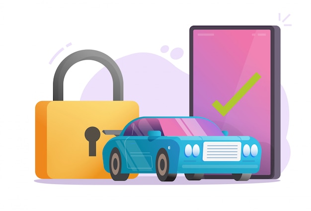 Sistema de señal de alarma segura de protección del automóvil del automóvil o vehículo en el teléfono móvil o teléfono inteligente automático de seguridad antirrobo servicio de tecnología de dibujos animados plana