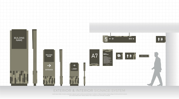 Vector sistema de señalización exterior e interior. sistema de señalización de tráfico