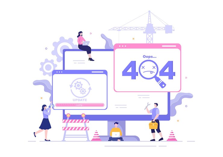 Vector sistema de software en mantenimiento ilustración vectorial. sitio web de error, desarrollo y actualización de páginas web en aplicaciones móviles para plantilla de póster