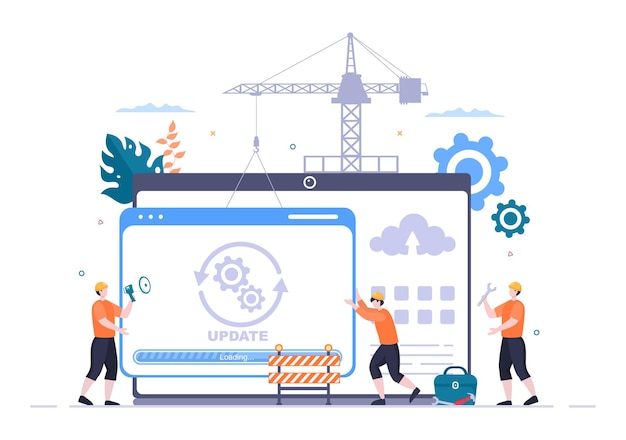 Sistema de software en mantenimiento ilustración vectorial. Sitio web de error, desarrollo y actualización de páginas web en aplicaciones móviles para plantilla de póster
