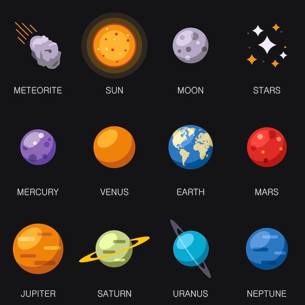 Sistema solar 8 planetas y estrellas y meteoritos Sol Luna