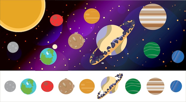 El sistema solar con todos los planetas en una ilustración vectorial de estilo de dibujos animados plana