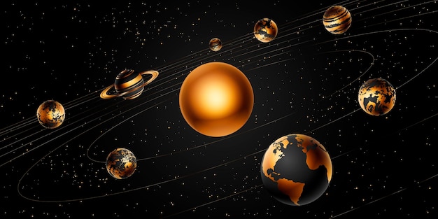 Sistema solar Vector ilustración realista del sol y ocho planetas que lo orbitan