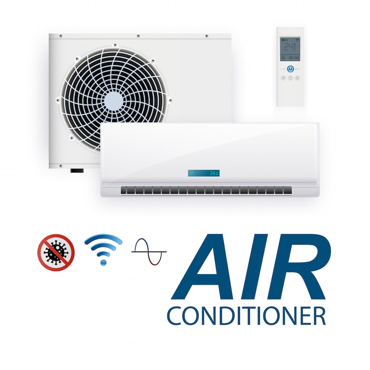 Vector sistema split de aire acondicionado inverter. acondicionamiento realista con control wifi a través de internet y funciones antivirus y control remoto. sistema de control de clima de ilustración