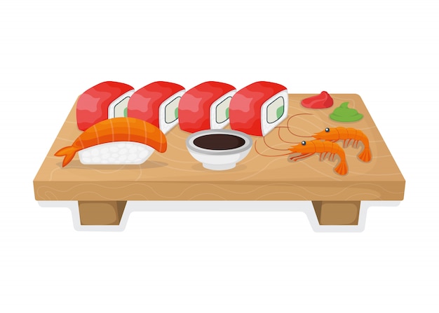 Sistema de sushi en el tablero de madera de la cocina, el rollo del atún y el concepto del pez salmón aislado en blanco, ilustración de la historieta.