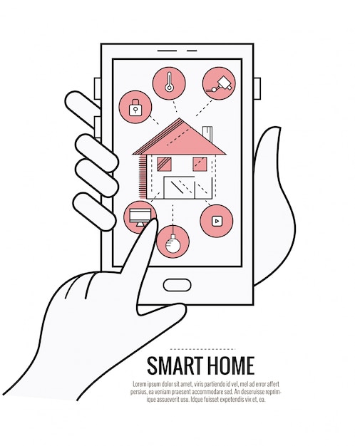 sistema de tecnología de casa inteligente con control centralizado de iluminación, calefacción, ventilación y aire acondicionado, seguridad y videovigilancia. diseño fino plano plano. ilustración vectorial