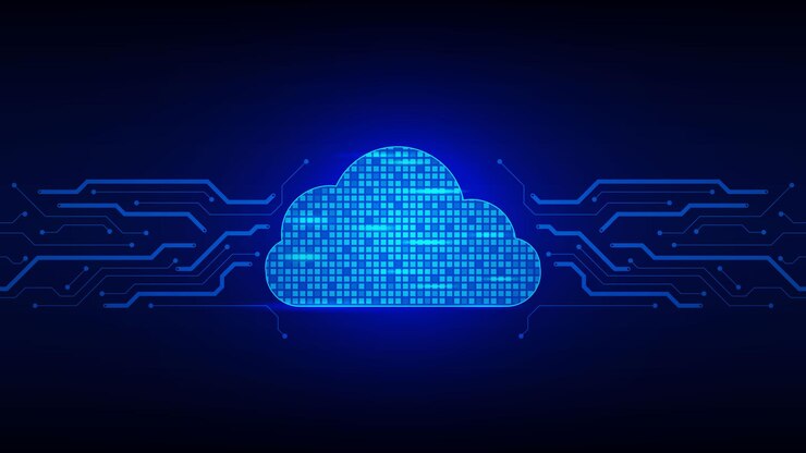 Vector sistema tecnológico de computación en nube futurista con placa de circuito en fondo azul oscuro