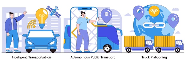 Vector sistema de transporte inteligente transporte público autónomo camiones platooning con personajes de personas paquete de ilustraciones