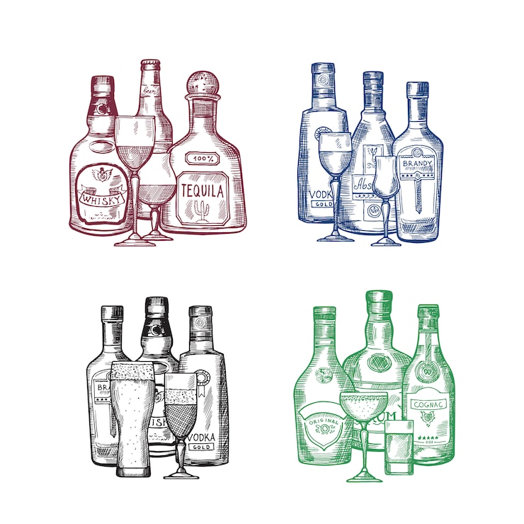 Vector el sistema del vector de botellas de la bebida del alcohol y de vidrios dibujados mano apila el ejemplo. botella bebida alcohol boceto, cerveza y coñac.