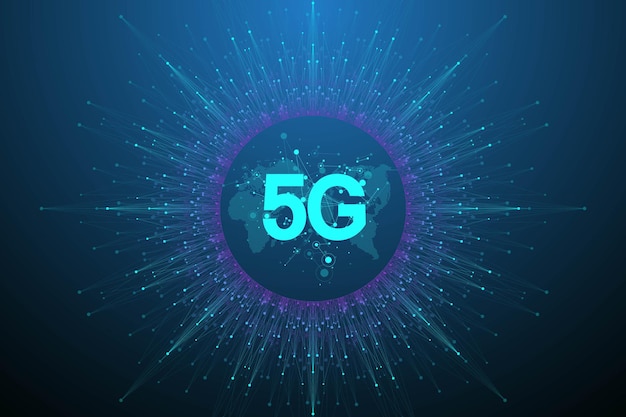 Sistemas inalámbricos de red 5g e ilustración vectorial de internet. red de comunicacion. bandera del concepto de negocio. banner de concepto de inteligencia artificial y aprendizaje automático