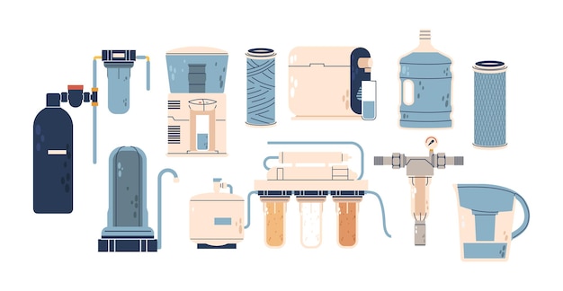 Sistemas de purificación de diferentes tipos y diseños utilizados para garantizar el agua potable limpia y segura