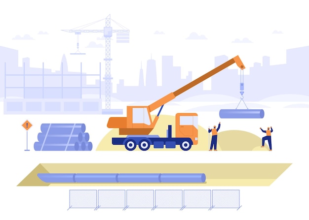 Sitio de construcción del concepto de casa de construcción Equipo de constructores hace tubería de tubería tendida en el suelo camión grúa carga tuberías Negocio inmobiliario Escena de ilustración vectorial con personajes diminutos