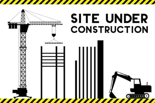 sitio de construcción en construcción con siluetas de grúa de construcción ilustración vectorial plana